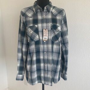 Wrangler Green and White Western Checkered Blouse